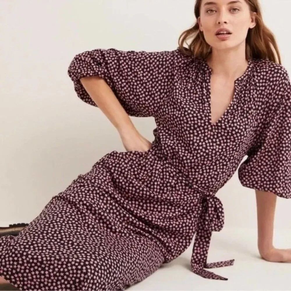 Boden Womens Dress UK 14p US 10P Black Pink Floral Balloon Sleeve D0352 NWT